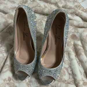 Lauren Lorraine Sparkling Silver Peep-Toe Heels